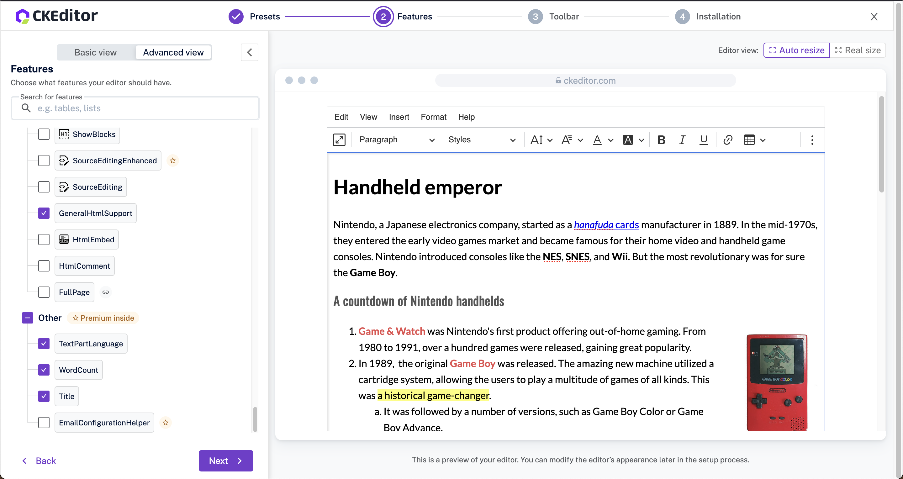Screenshot of CKEditor5 configuration menu
